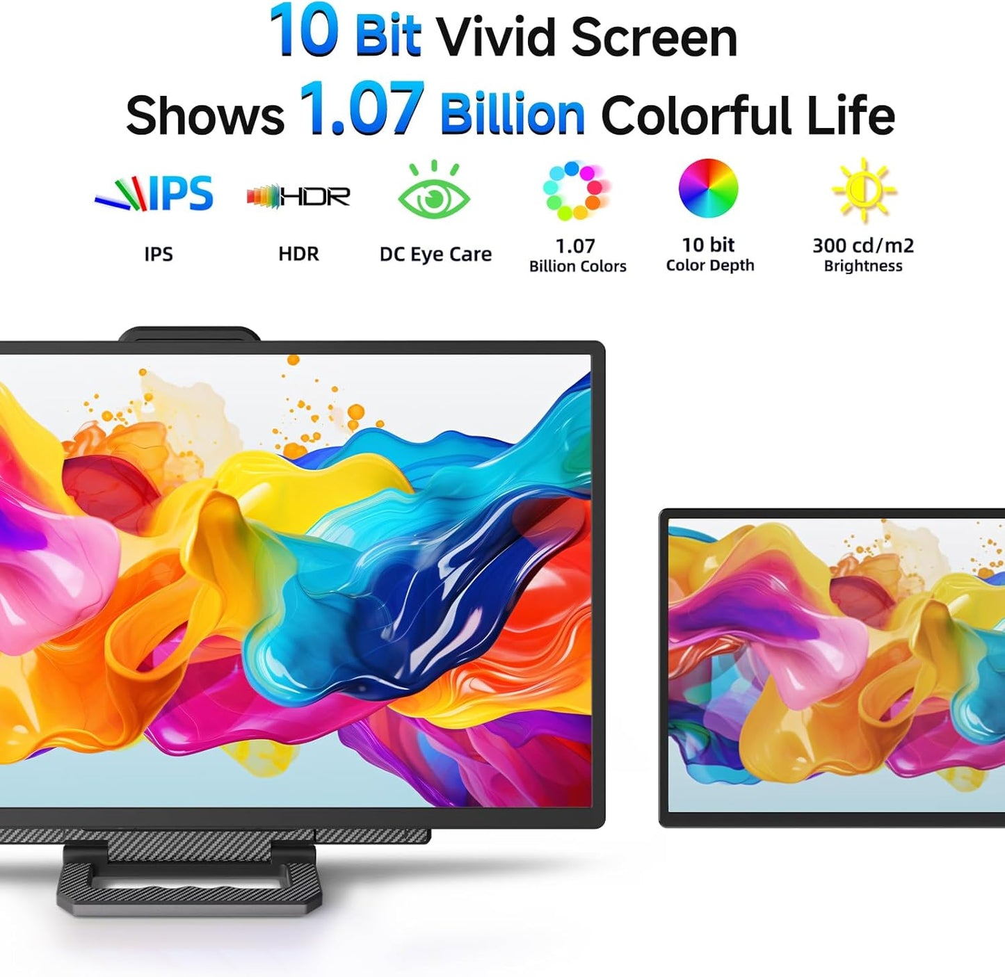 Monitor with vibrant display and text highlighting features like IPS, HDR, and color depth.