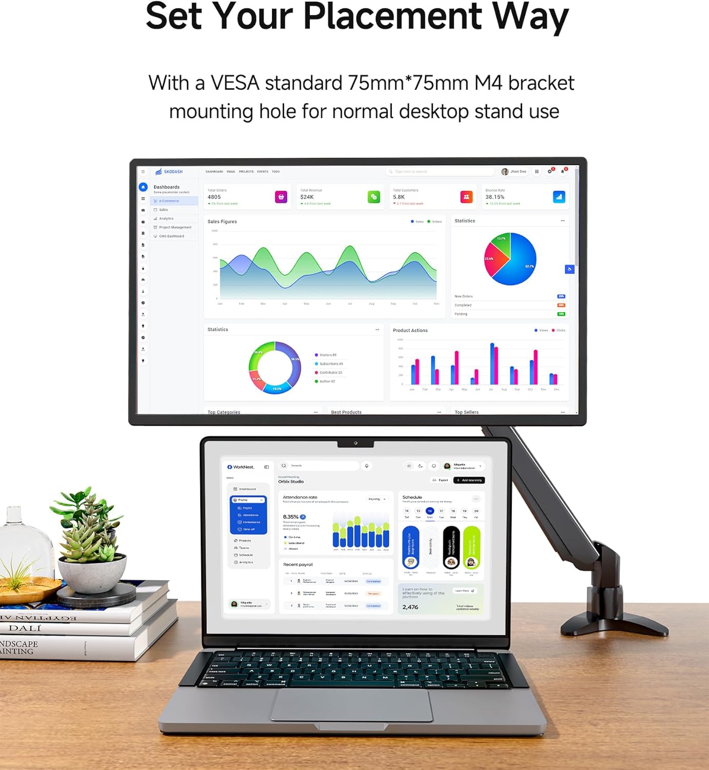 Monitor and laptop setup on a desk with a VESA standard bracket.