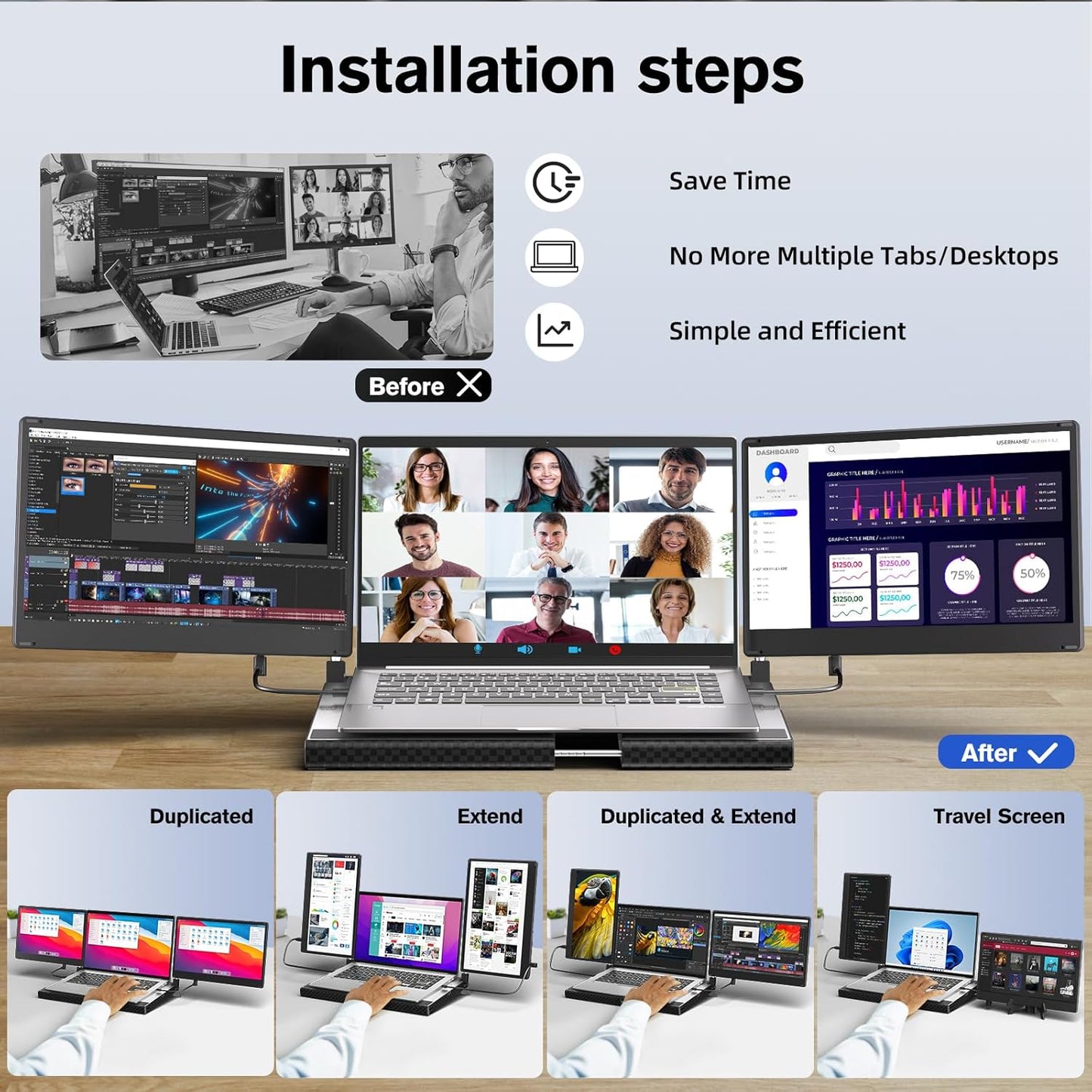 AOKER Laptop Triple Screen Extender - 14" Detachable Portable Monitor