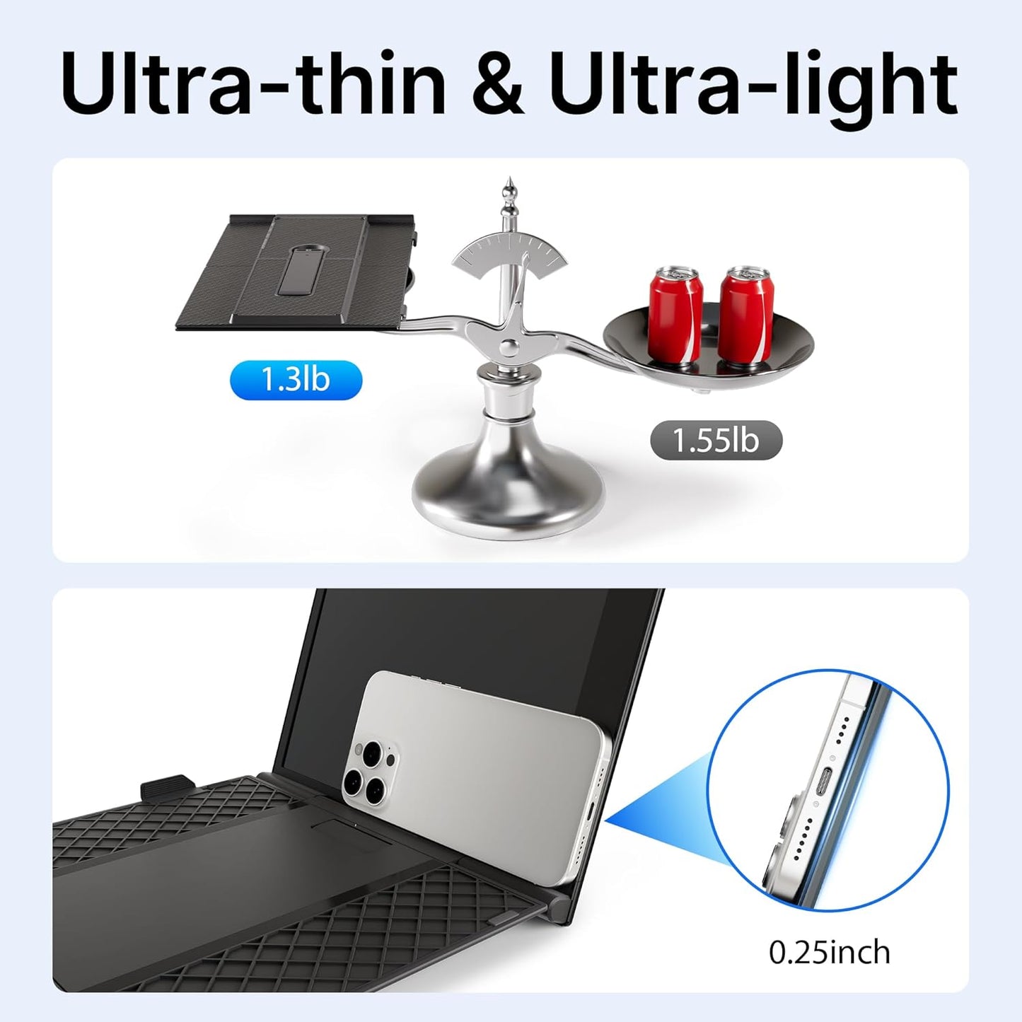 Laptop with balance scale showing weight comparison and close-up of thin design.