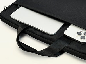 Black laptop case with a white laptop inside on a light gray background