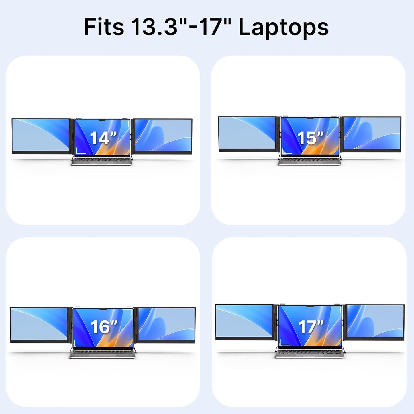Display of laptop stands with screen sizes ranging from 13.3" to 17" on a light blue background.