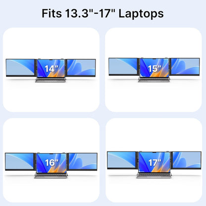 Display of laptop stands with screen sizes ranging from 13.3" to 17" on a light blue background.