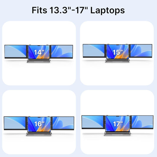 Display of laptop stands with screen sizes ranging from 13.3" to 17" on a light blue background.