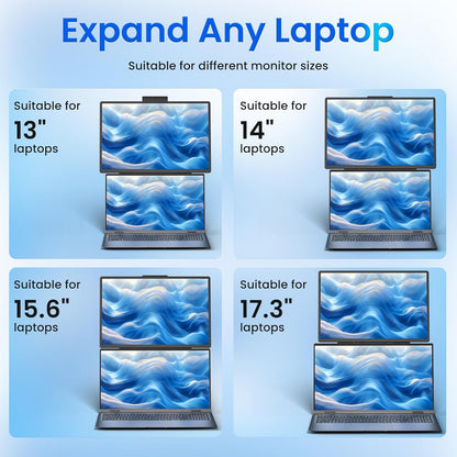 Product advertisement showing how to expand laptops of different sizes with a blue wave design on screens.