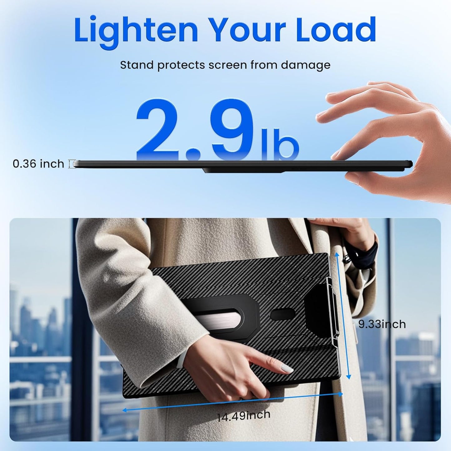 Person holding a laptop with protective case, showing weight and dimensions, with text 'Lighten Your Load'.