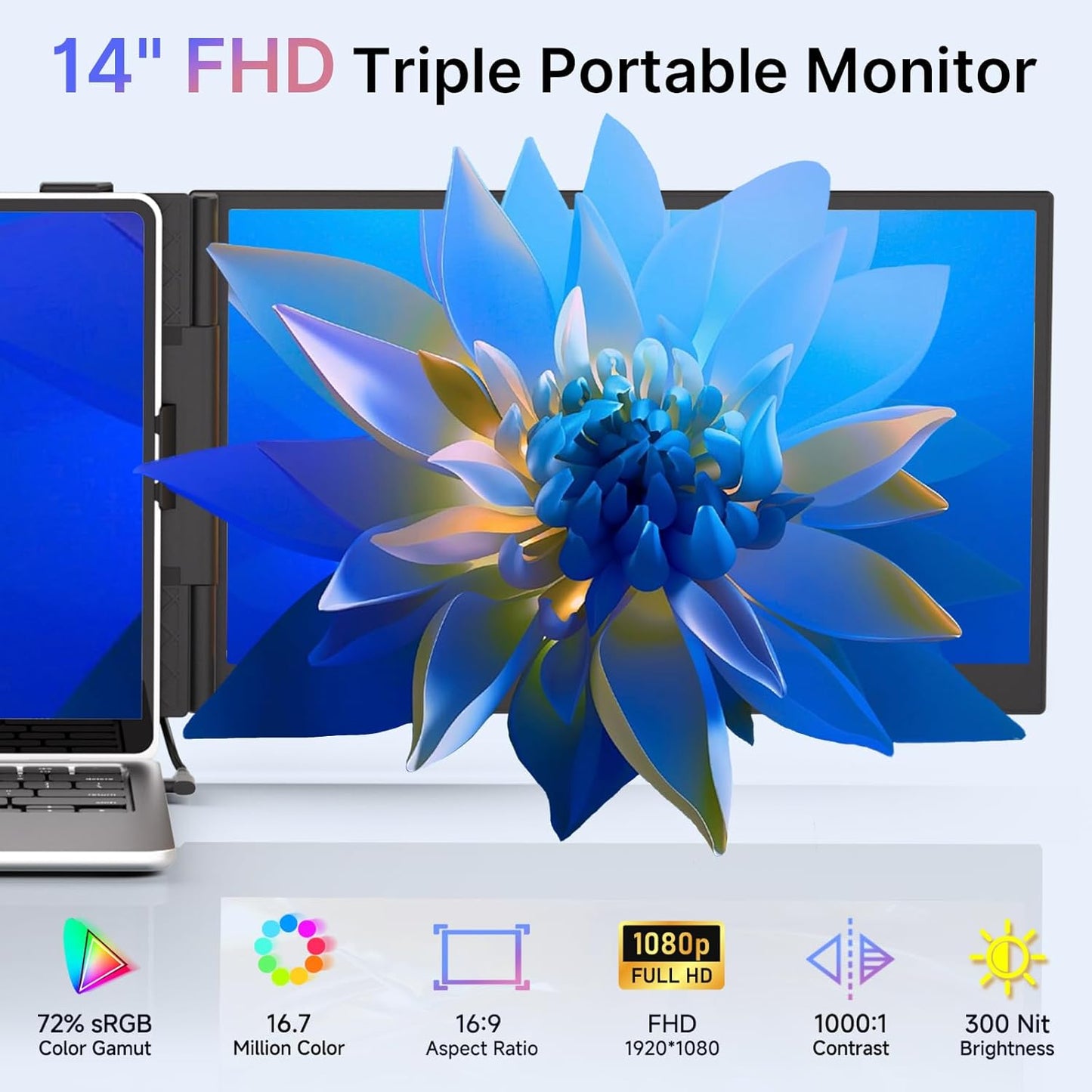 14” FHD Triple Portable Monitor with a blue flower on one of the screens