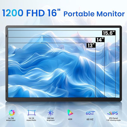 1200 FHD 16" Portable Monitor with blue wave design on screen