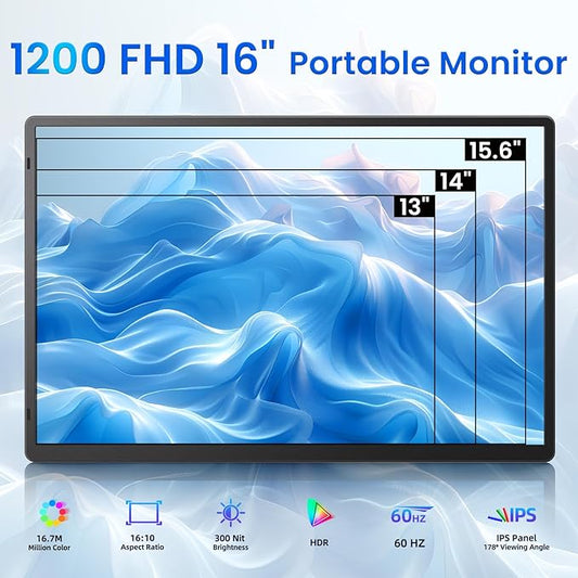 1200 FHD 16" Portable Monitor with blue wave design on screen