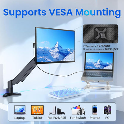 Monitor stand with VESA mounting support, displaying a laptop and monitor setup on a white background.