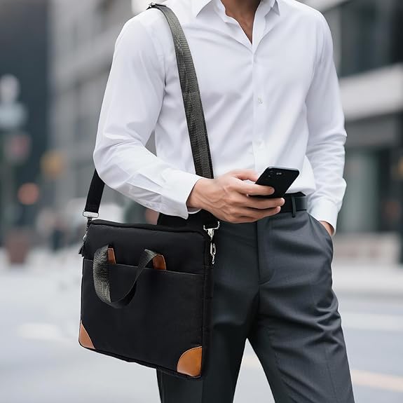 Person wearing a black shoulder bag and holding a smartphone on a city street.