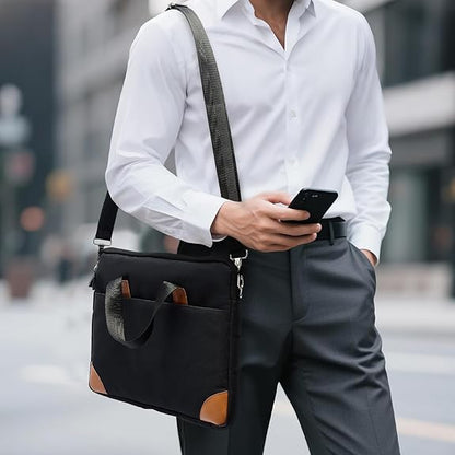 Person wearing a black shoulder bag and holding a smartphone on a city street.