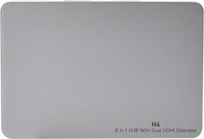 Metallic gray cover with 'H4 8 in 1 HUB With Dual HDMI Extended' text.