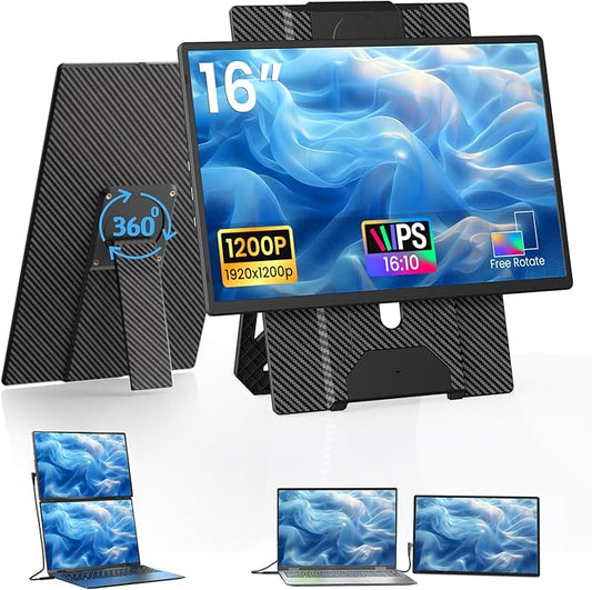 16-inch monitor with carbon fiber stand and multiple display angles on a white background