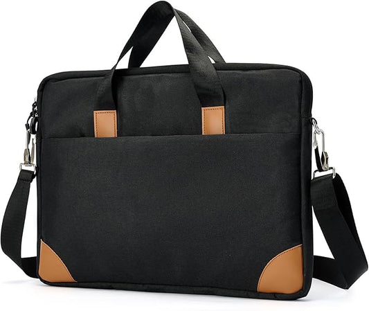 Black briefcase with brown accents on a white background