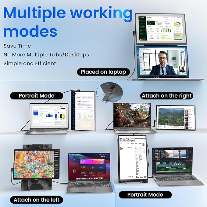 Laptop with multiple screen modes and attachments on a light blue background