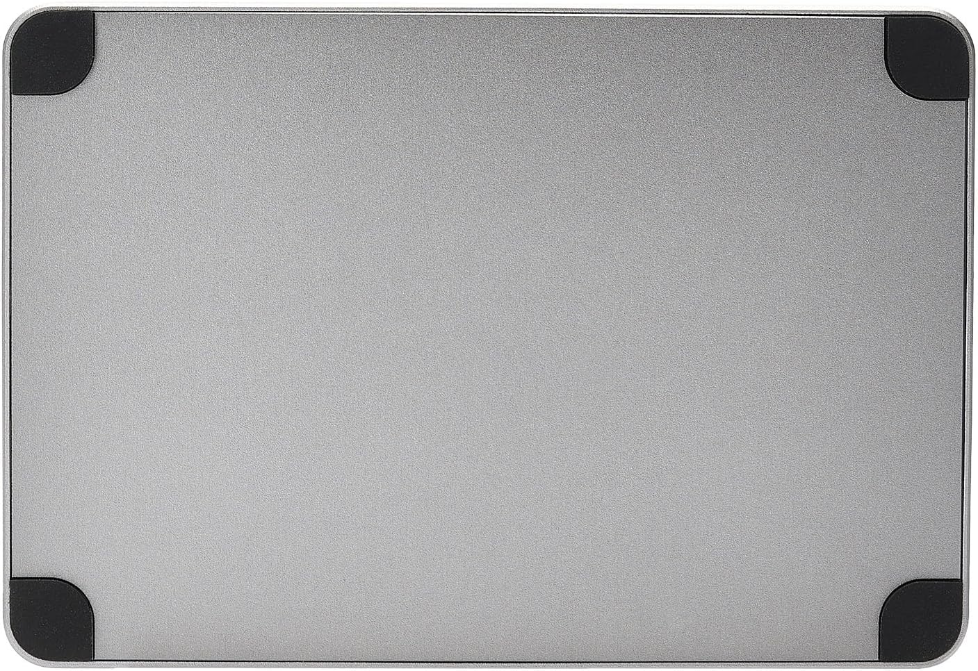Metallic gray rectangular object with black corners on a white background