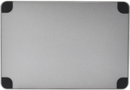 Metallic gray rectangular object with black corners on a white background