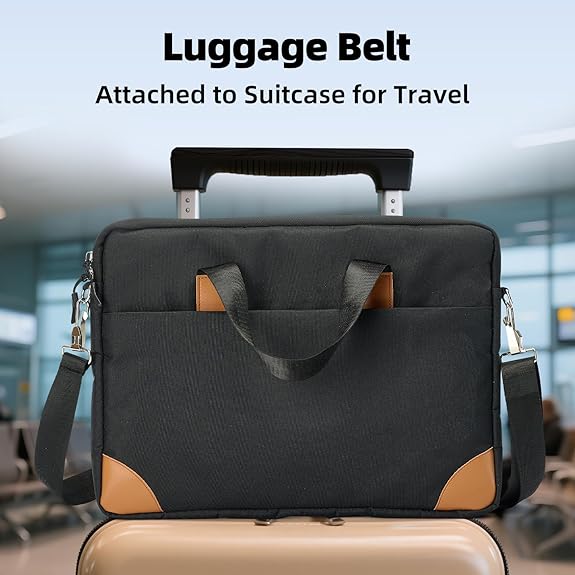 Black suitcase with a luggage belt attached, set against an airport background.
