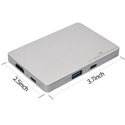 Silver USB hub with labeled ports and dimensions on a white background