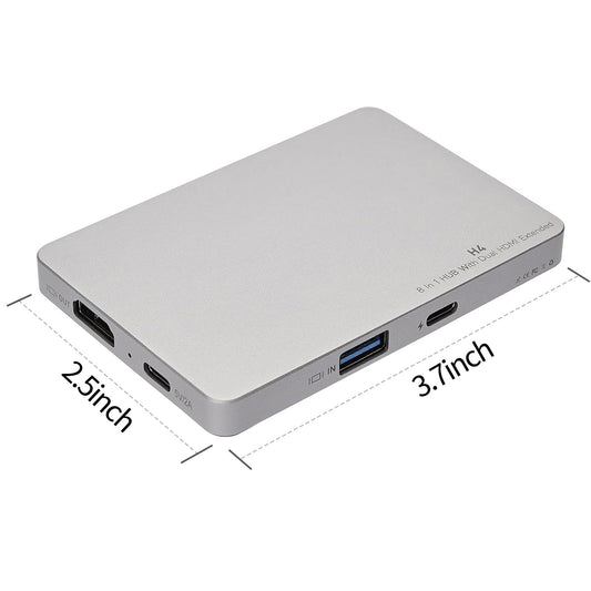 Silver USB hub with labeled ports and dimensions on a white background