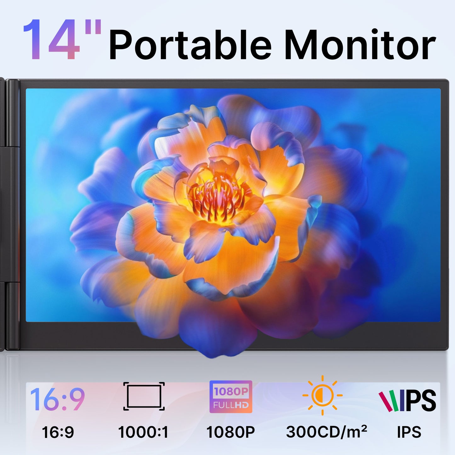 14-inch portable monitor displaying a colorful flower on screen with specifications below.