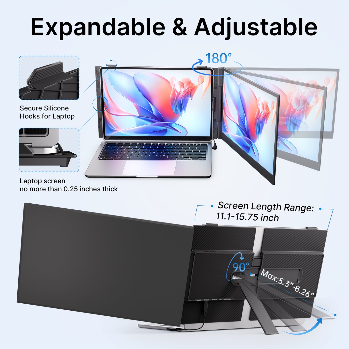 Expandable and adjustable screen setup with laptop and additional screens on a white background