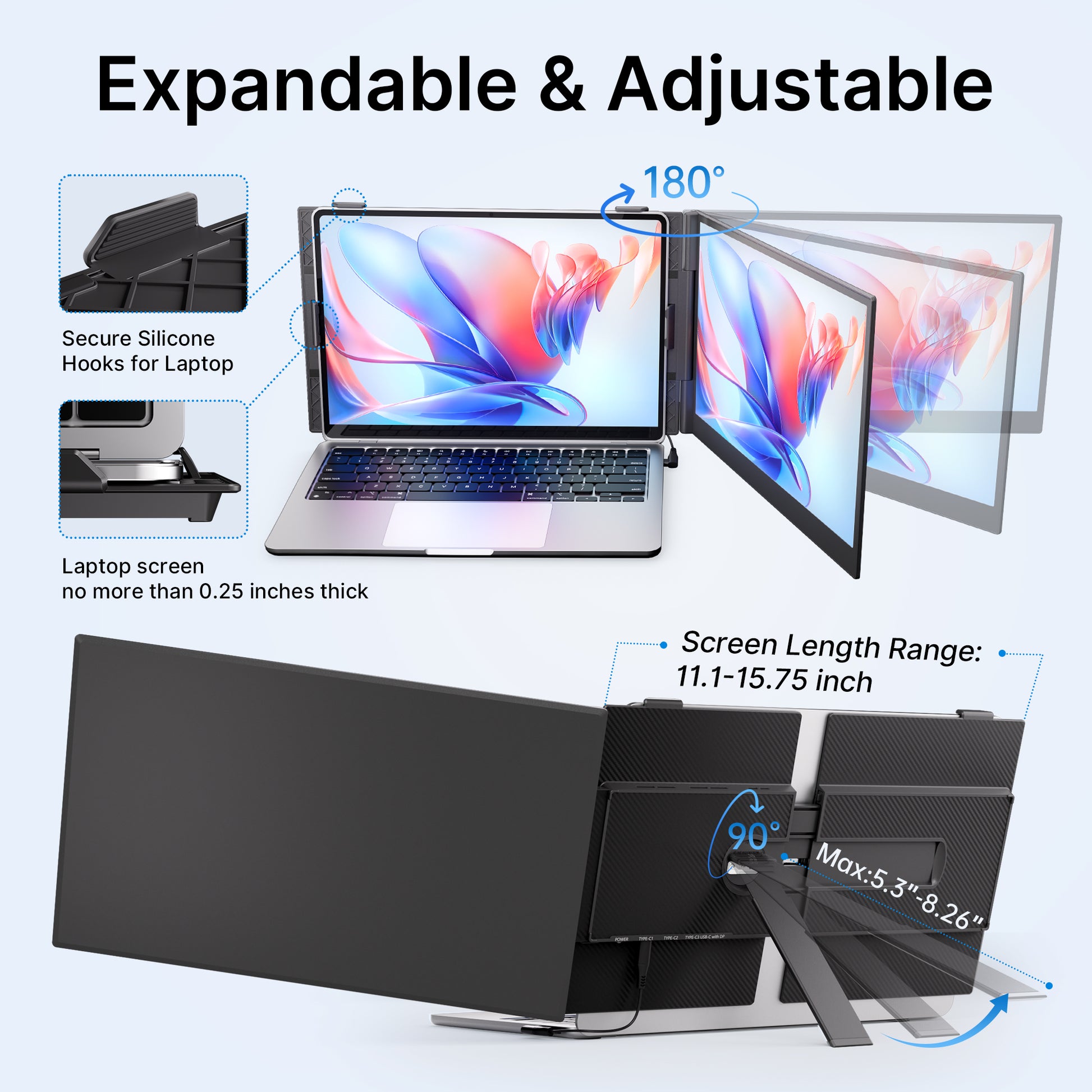 Expandable and adjustable screen setup with laptop and additional screens on a white background