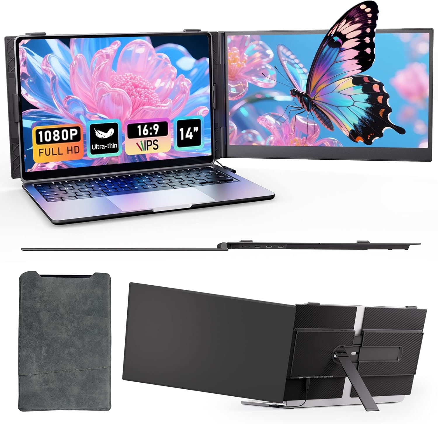 Laptop with a dual screen display showing a butterfly and a flower, with a stand and case on a white background.