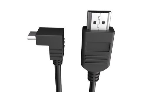 Black HDMI to USBC  cable with angled connector on a white background